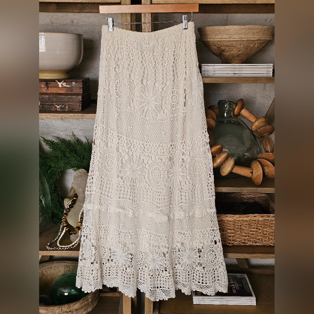 Pat Dahnke Made In Texas Cotton Crochet Maxi Skirt in Cream M/L - Picture 8 of 8